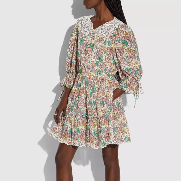Coach Dress Size 2 Floral Tiered Mini 3/4 Sleeve White Lace Romantic Summer - Picture 1 of 16